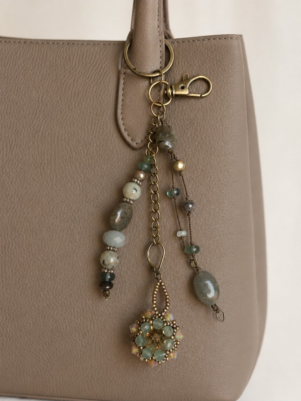 Beaded Tassel Bag Charm Keychain - Taupe Green Accents